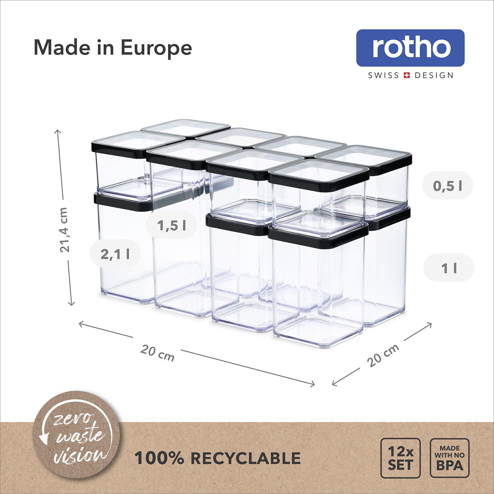 Rotho Loft Set de 12 Recipientes Herméticos Apilables para Alimentos | Contenedores de plástico SAN sin BPA para cocina, aptos para lavavajillas, botes para pasta y harina fabricados en Suiza