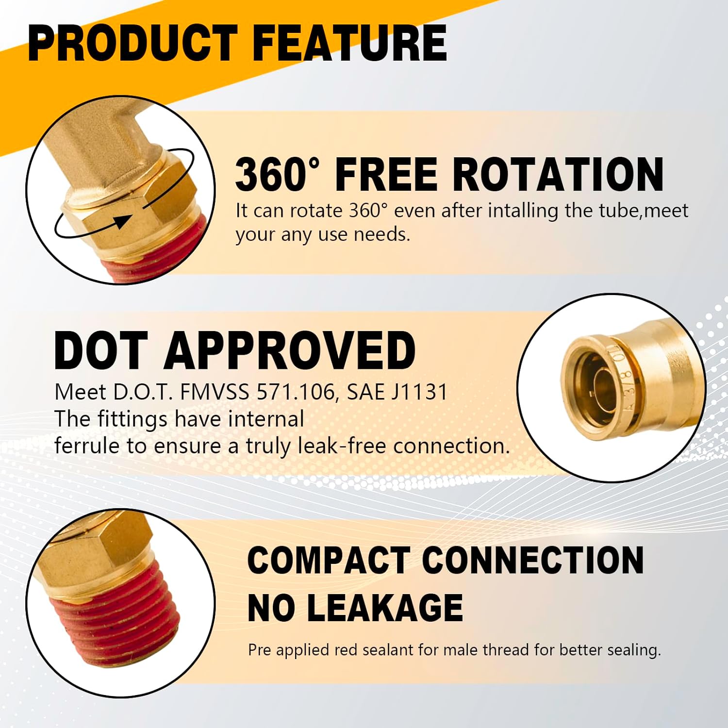 3/8" 90 Degree Elbow Union Brass DOT Push to Connect Air Line Fittings, 3/8" OD Tube x1/4" NPT Air Brake Line Quick Fitting Connectors for Truck Trailers or Industry Air System(5PCS)