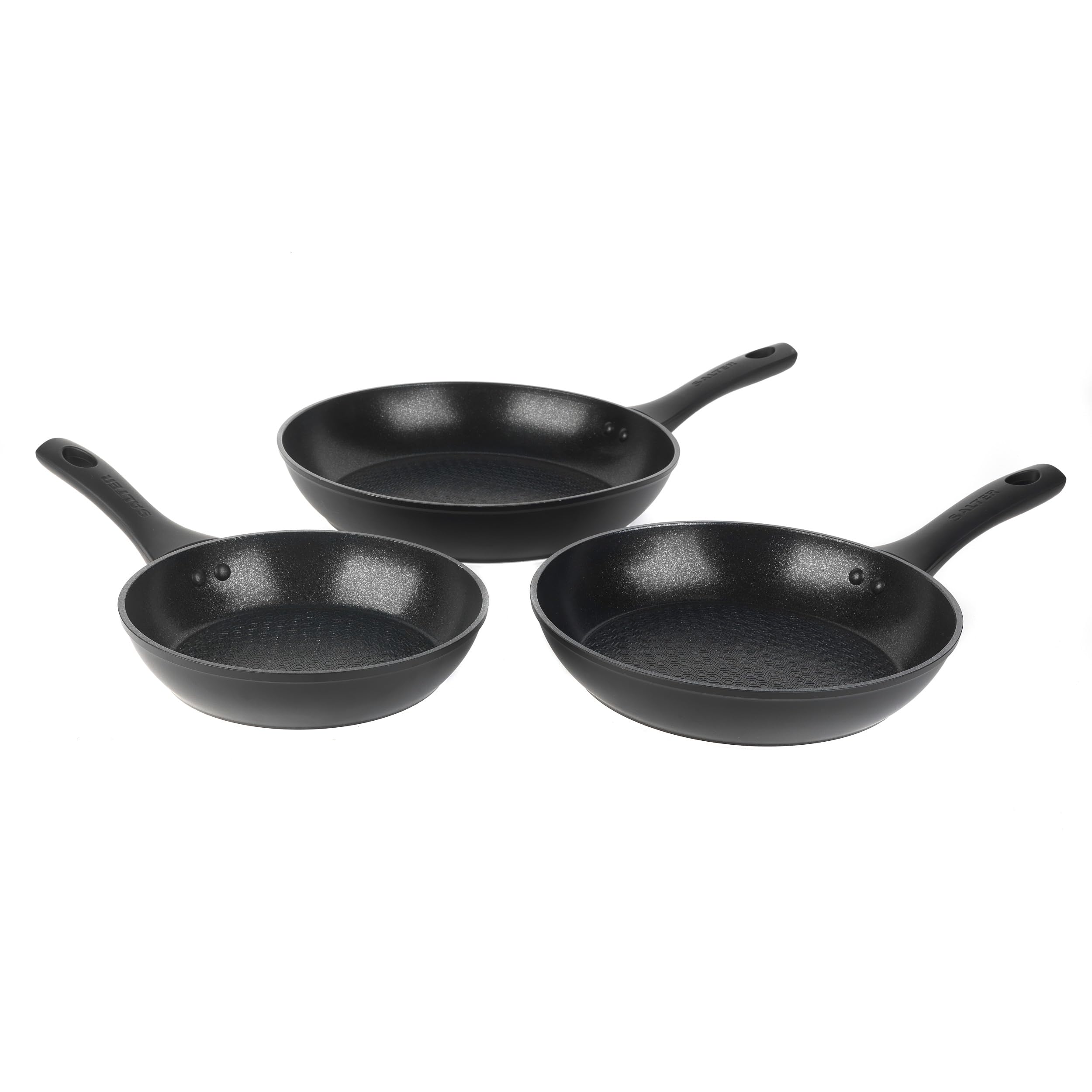 Salter BW08773 Geo - Juego de sartenes hexagonales antiadherentes (3 piezas, aluminio forjado, 20,24,28 cm, superficie hexagonal, color negro mate, apta para placa de inducción)