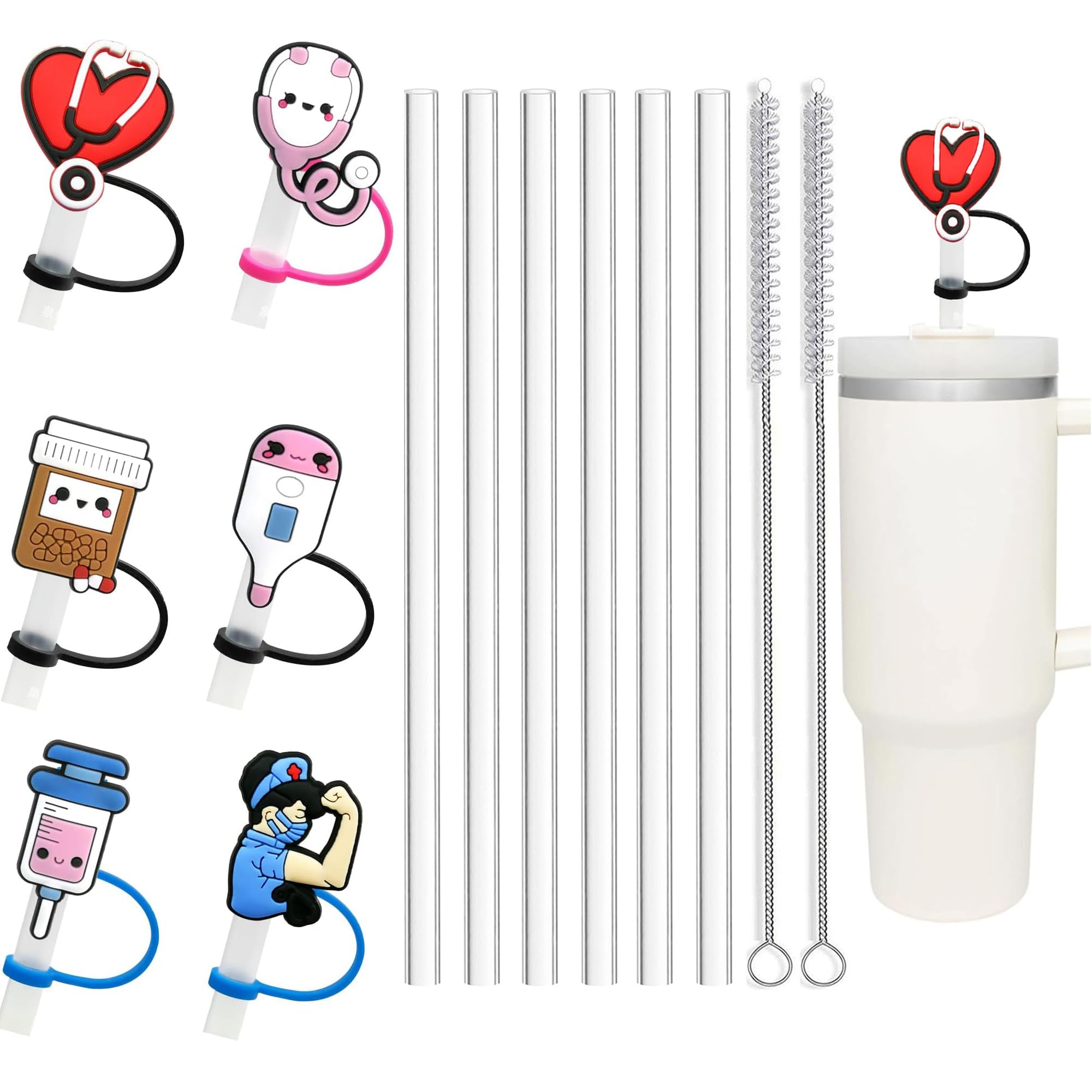 ALINK6 Pcs Silicone Straw Coversand 6 pcs Reusable Plastic Clear Straws, Reusable Straw Toppers Drinking Straw Covers Cute Cat Straw Cap for 10mm Stanley Straw Topper(Nurse Theme)