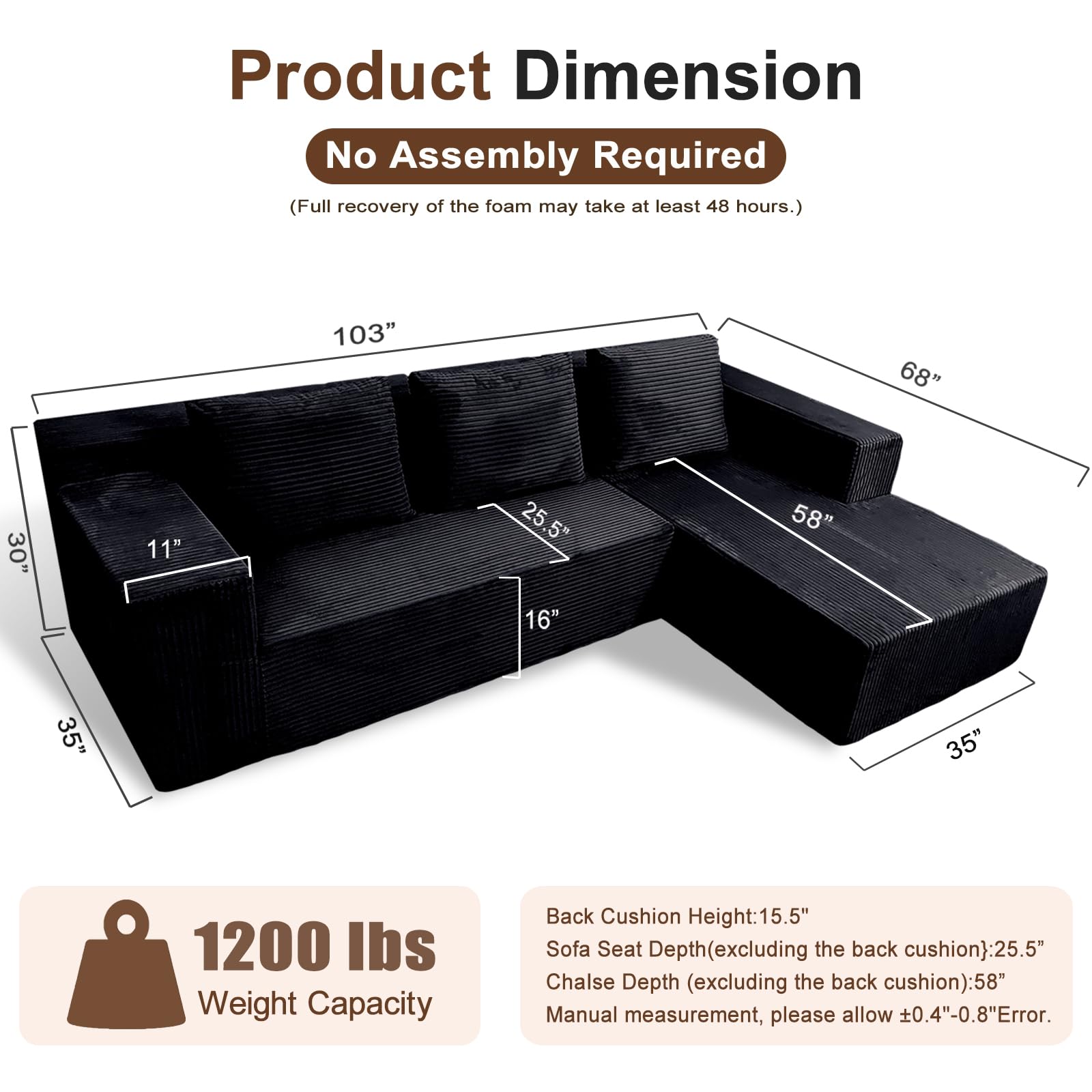 Sofá seccional Cloud de 103 pulgadas, sofá en forma de L deshuesado con diván, moderno sofá modular minimalista para sala de estar, combinación libre, asiento profundo, no requiere montaje, 2