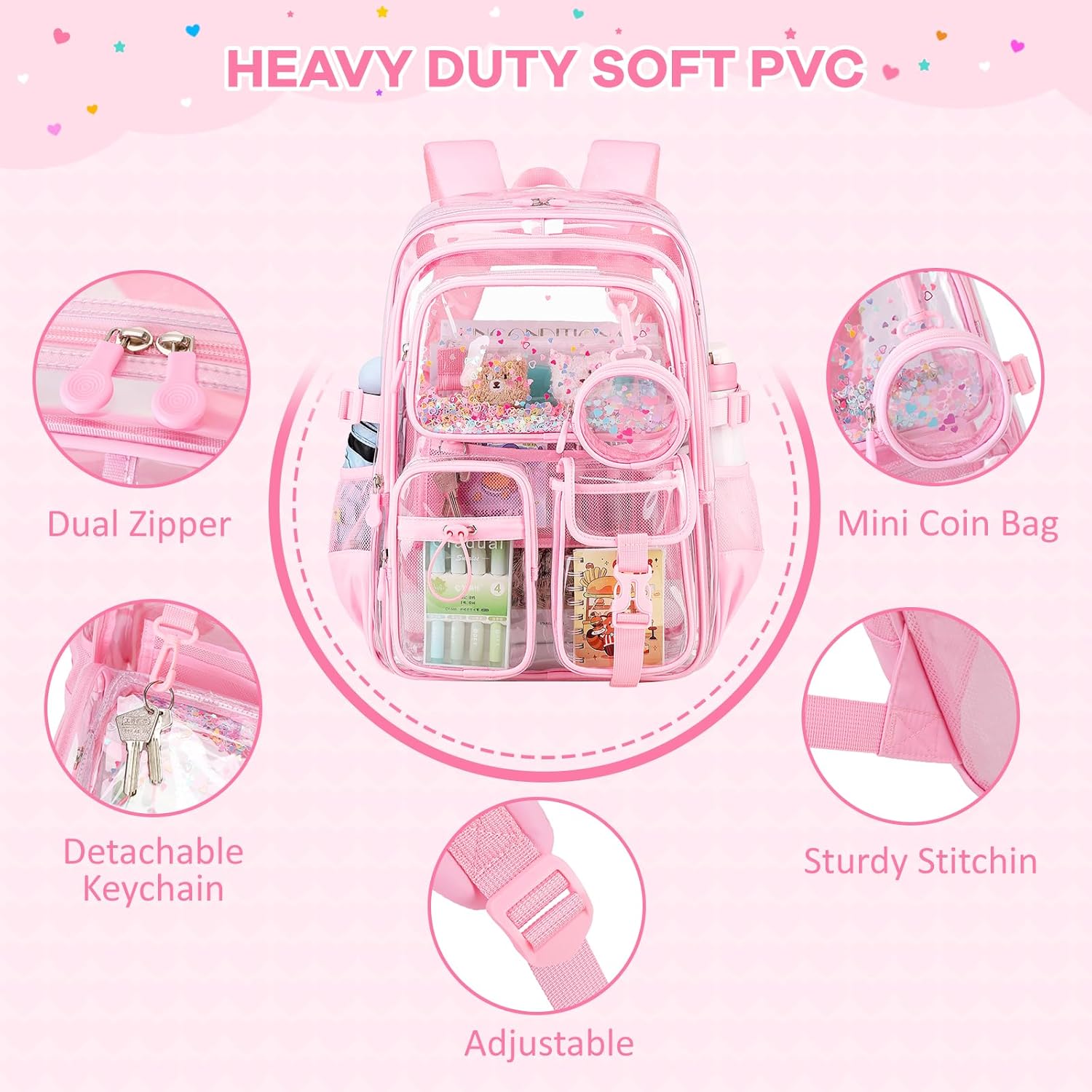 Clear Backpack for Girls School Clear Bookbag Stadium Events Heavy Duty Transparent Back Pack, Pink - Image 7