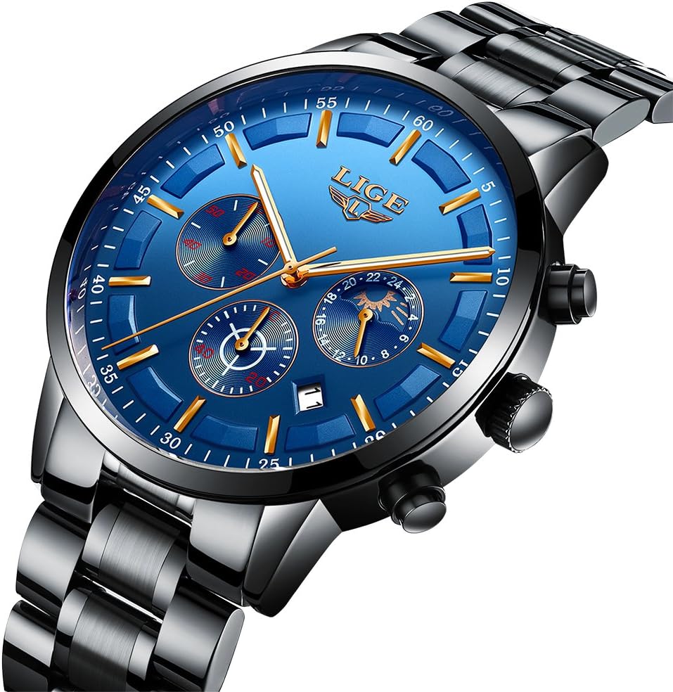 Men's Business Quartz Watch Classic Blue Dial Waterproof 24-Hour Chronograph Casual Wrist Watches for Men (Blue)