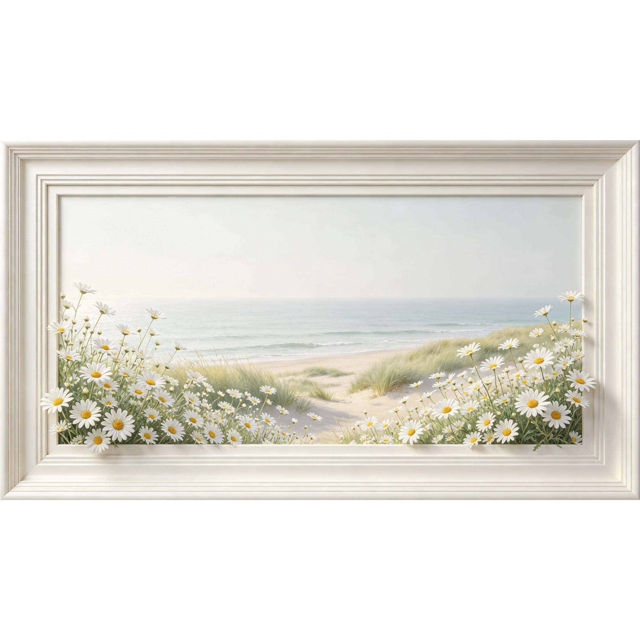 QZLITHOTIC 50×90cm3D Framed Wall Art， Coastal Daisy Beach Landscape Mural， Water?Activated Peel & Stick Fabric Decor Wall Decal for Bedroom Living Room