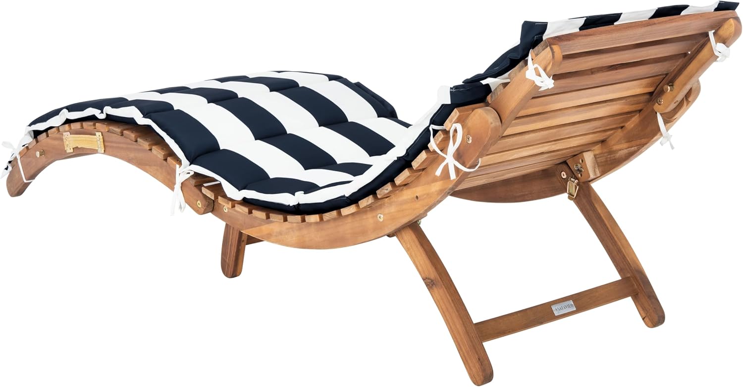 SAFAVIEH Outdoor Collection Pacifica Natural Brown Solid Wood/Navy & White Stripe Cushion 3-Piece Chaise Lounge Set with Table (PAT7020F)