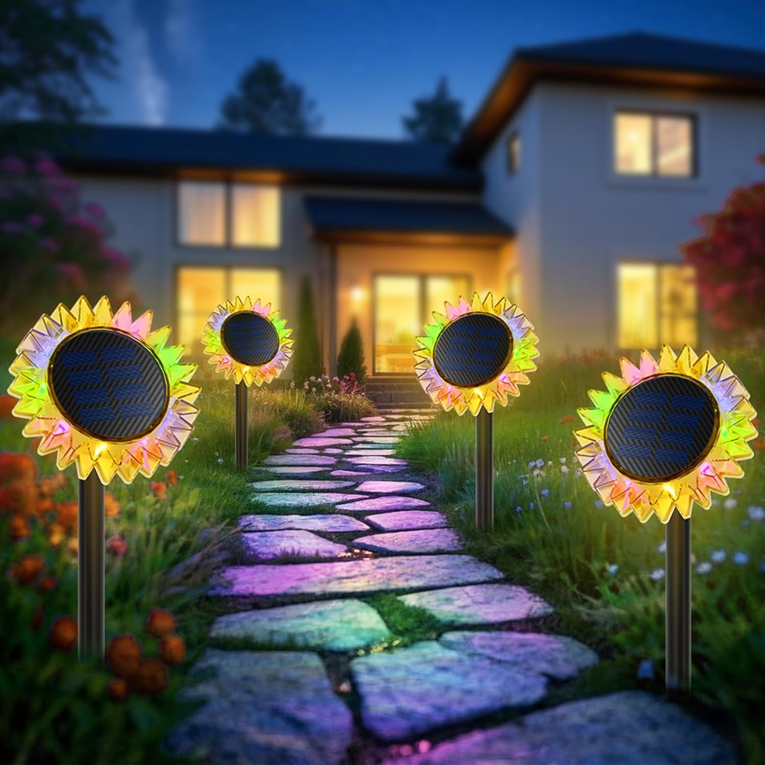Product image of Outdoor Solar Lights, 4 Pack Upgraded Solar Sunflower Lights, Ground/Wall 2-in-1 Waterproof Solar Garden Lights for Yard, Landscape, Fence, Path, Patio, Driveway, Backyard Decor (Colourful)