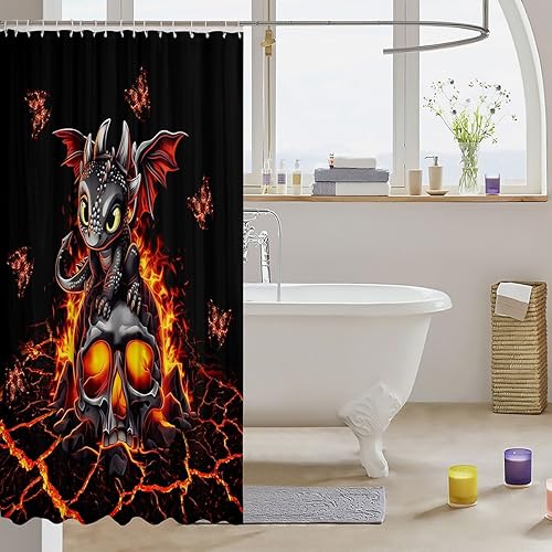 Miniatura 3 de Cortina de baño de dragón de dibujos animados de 72 x 78 pulgadas, cortina de ducha con diseño de calavera negra para decoración de niños, juego de