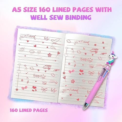 Miniatura 5 de Diario de unicornio para niñas con cerradura y llaves, diario mullido de teñido anudado, cuaderno secreto forrado de tapa dura para niños de 160