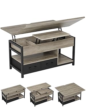 Mesa de Centro de Altura Ajustable, 3 en 1, Multifunción, Mesa de Salón, Mesas de Café con 2 Cajones, Almacenamiento Oculto, Compartimento Abierto, Mesas de Comedor, Sala de Estar, Oficina (Gris) The Forest Stewardship Council