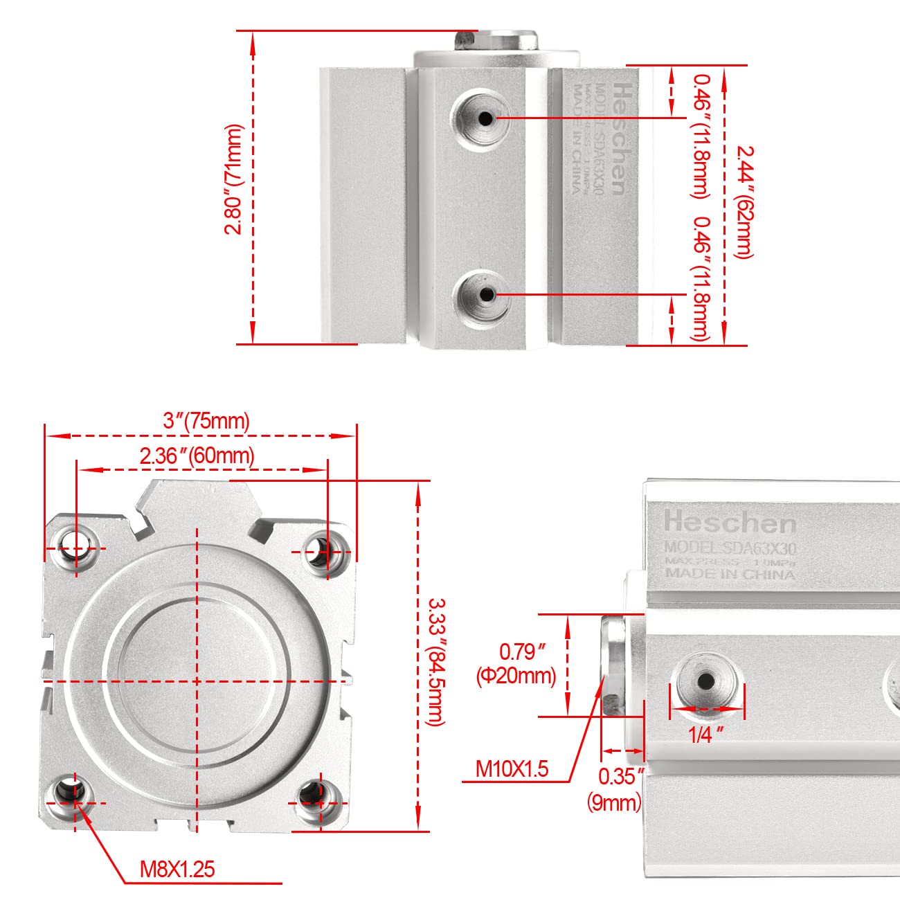 Heschen Cilindro Pneumatico Compatto in Alluminio, SDA 63-30, alesaggio 63mm, Corsa 30mm, Attacco PT1/4'', Doppio Effetto
