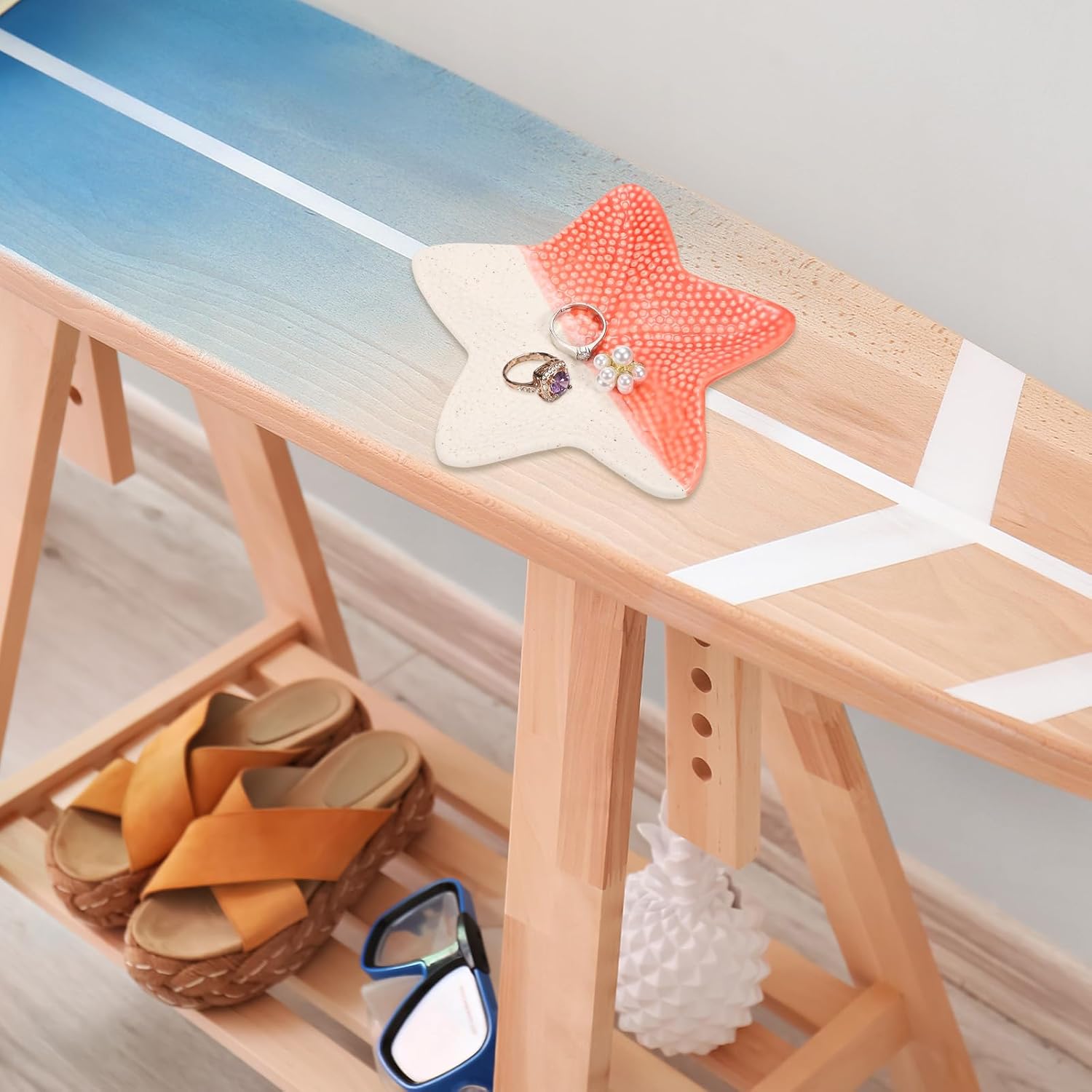 uxcell Ceramic Jewelry Tray, Cute Trinket Dish Starfish Vanity Key Tray Ring Holder Dish for Women Earrings Necklace Organizer, Aesthetic Room Decor, Pink/White