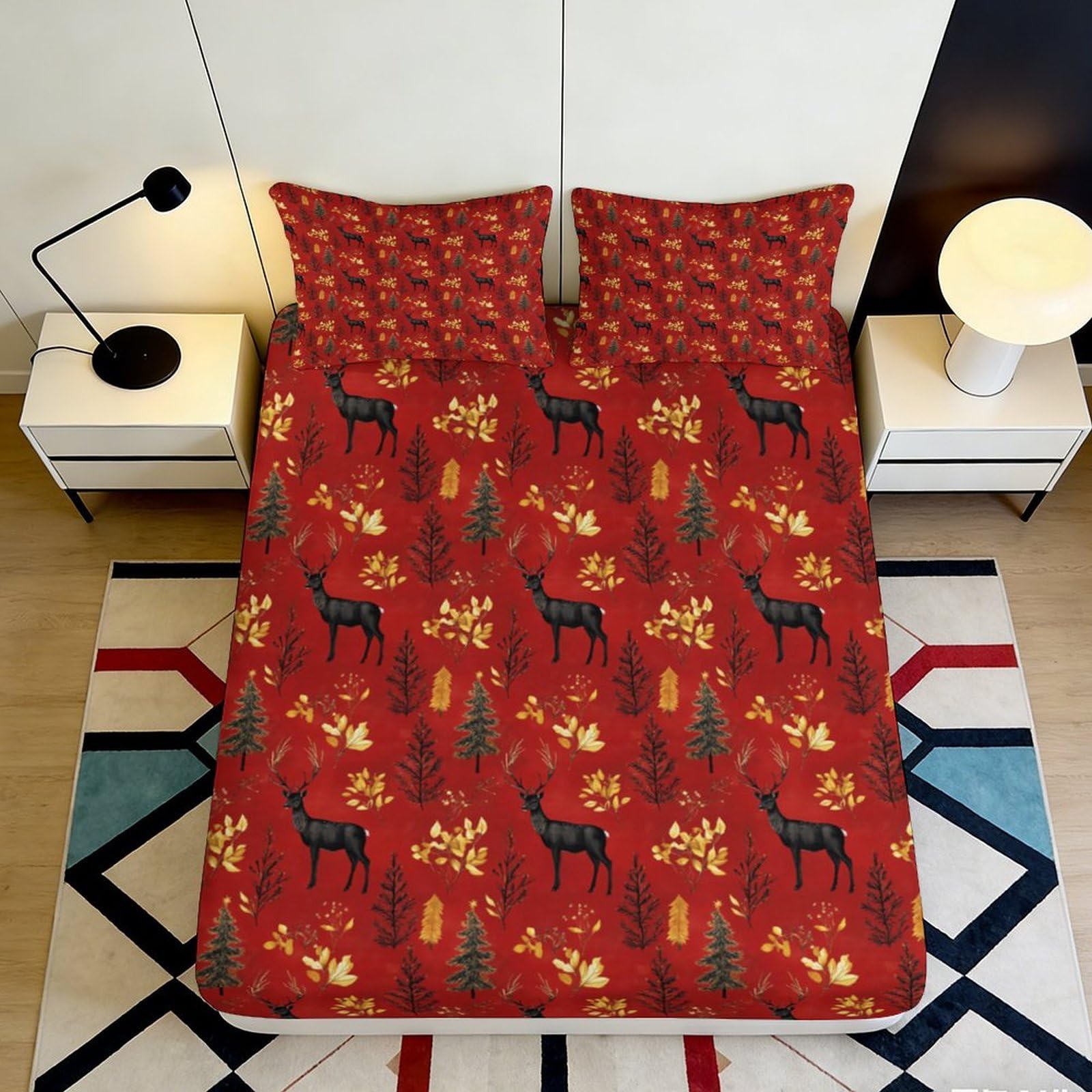 3D Printed Autumn Deer Fitted Sheet Microfiber Soft Durable Red Bed Cover with Forest Pattern Mattress Cover for Bedroom Dormitory Guest Room 120x200x25cm