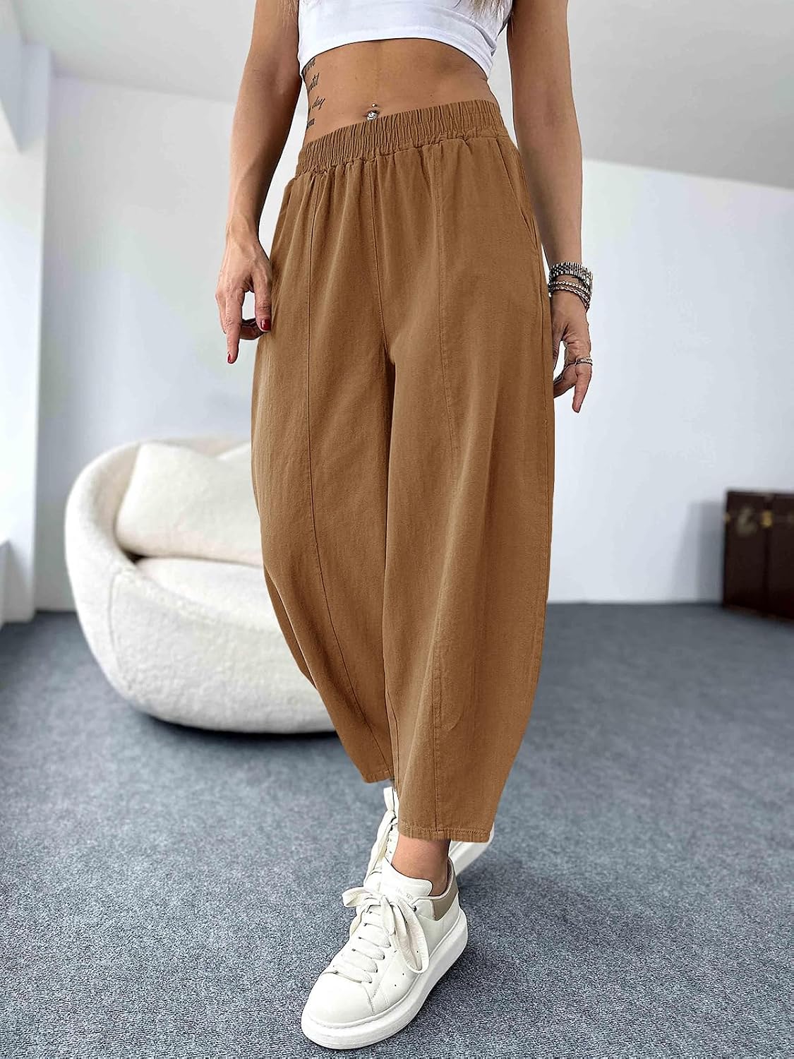 Cicy Bell Women's Summer High Waisted Baggy Pants Casual Cotton Harem Capris Slacks with Pockets