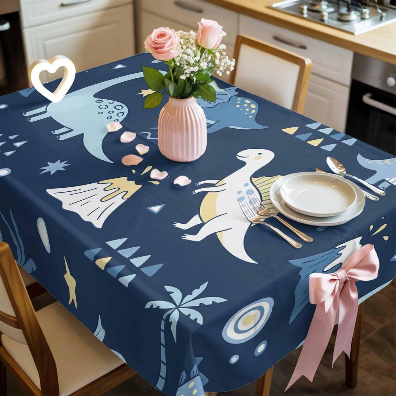 Children's Day Waterproof Table Cloth Cartoon Blue Dinosaurs Volcanoes Palm Tree Deep Blue Waterproof & Wrinkle Table Cover, Washable Polyester Soft Fabric Table Cloth for Outdoor Indoor Parties