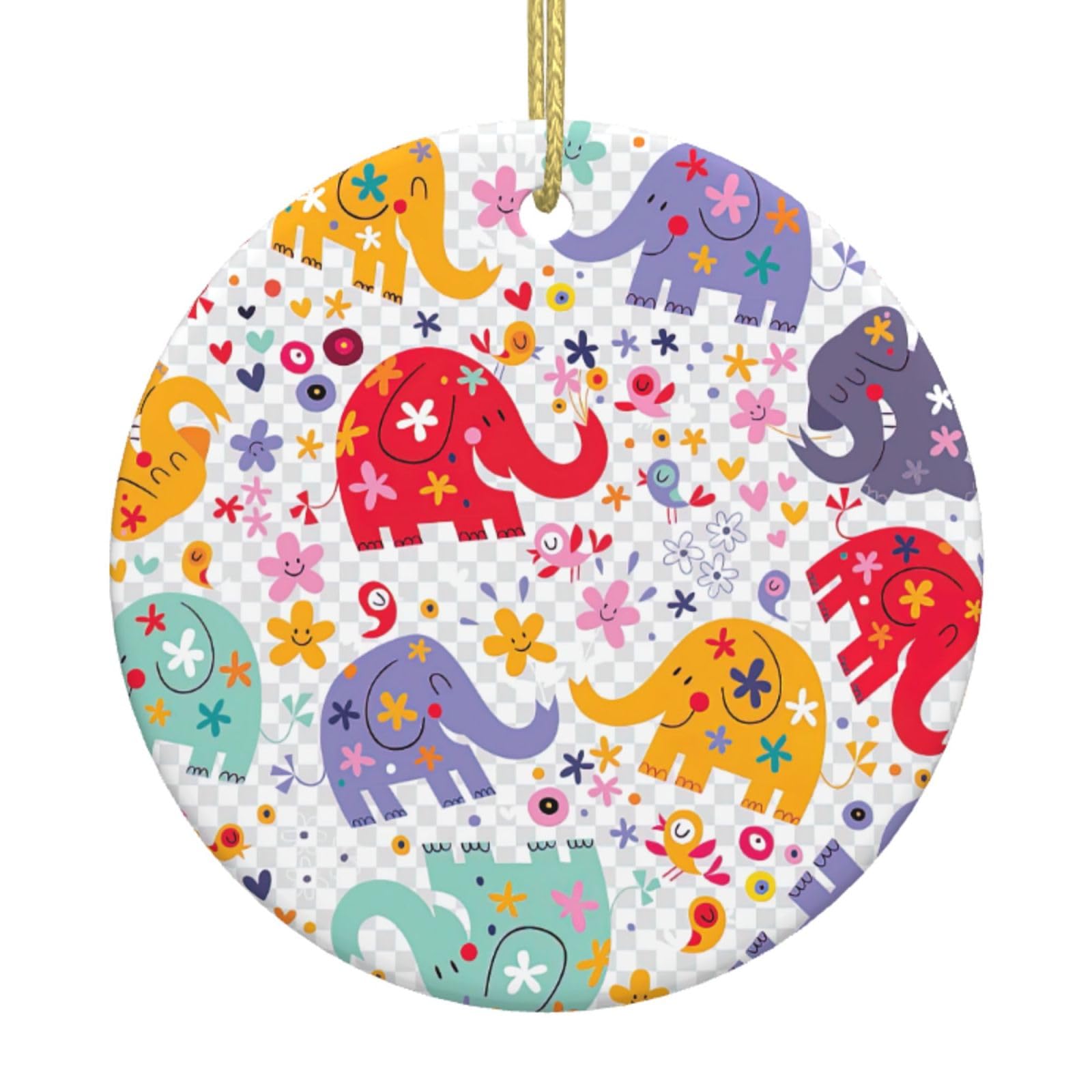 Colorful Elephant Print Christmas Ornaments, Ceramic Hanging Ornament, Round Shape Decorations