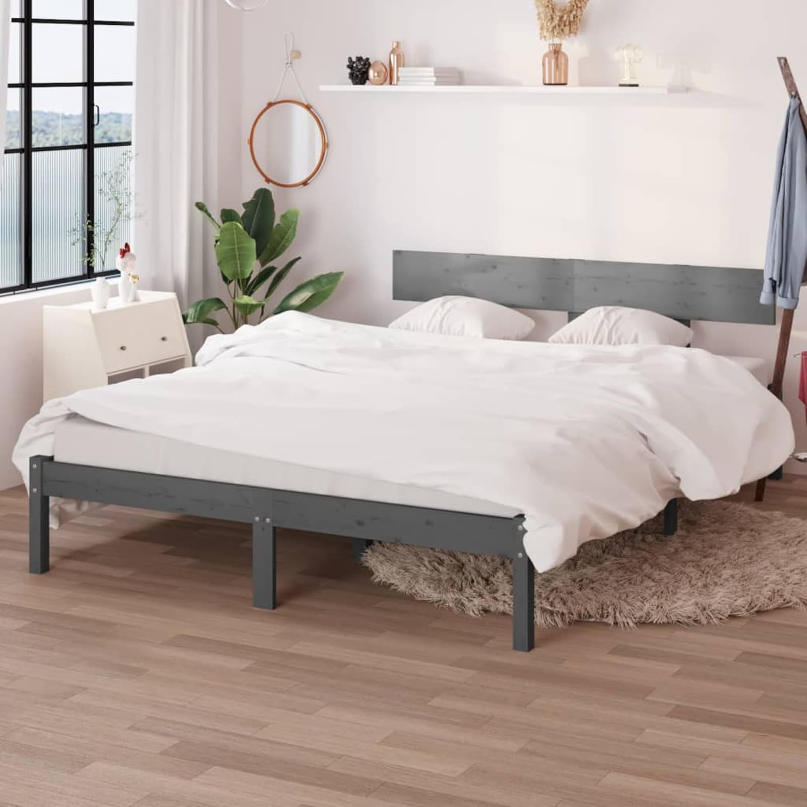 ATOMSTACK MAKER Cama de Madera Maciza de Pino, Color Gris, 150 x 200 cm, Con Somier Integrado y Cabecero Clásico, Ideal para Dormitorios Modernos y Escandinavos – Montaje Fácil
