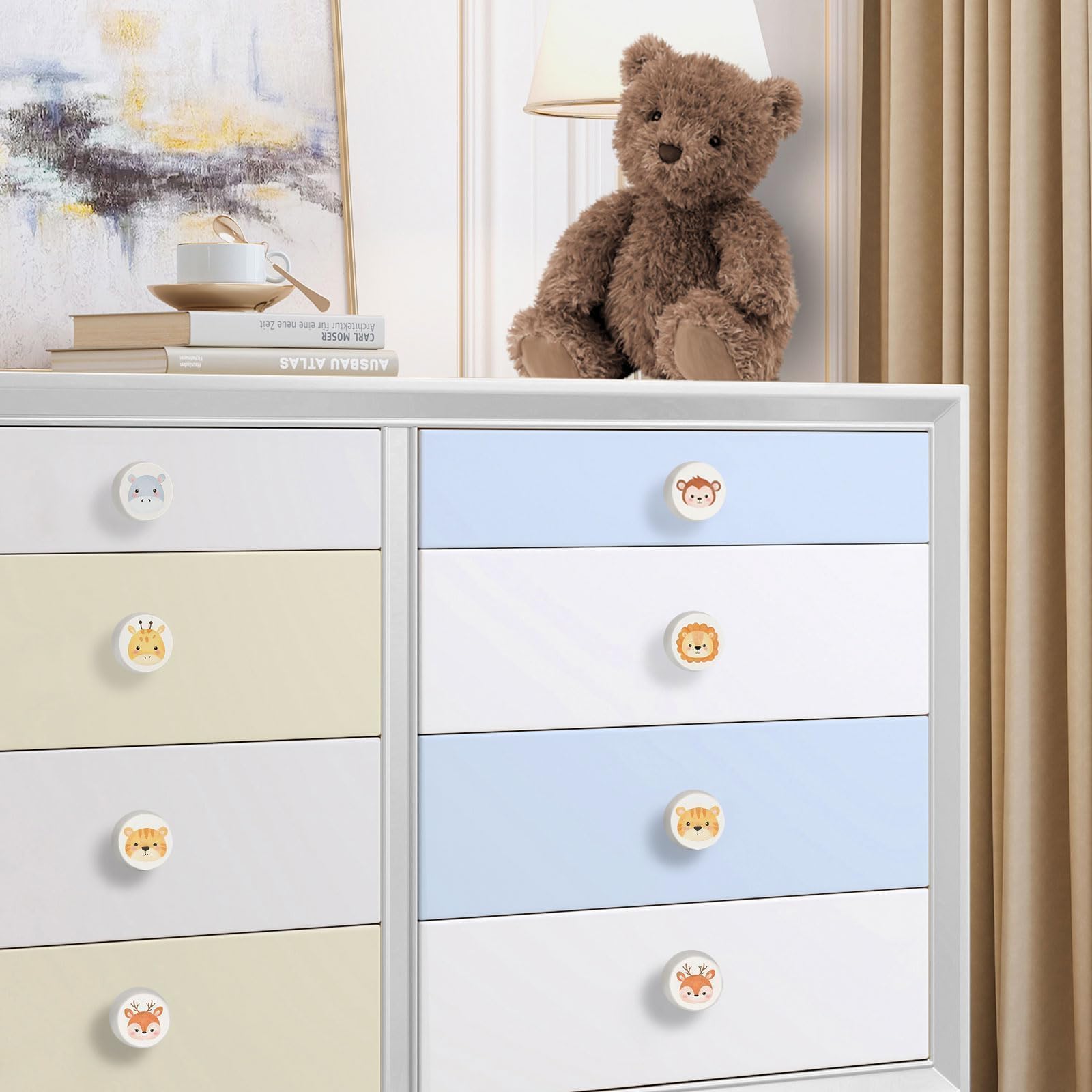 Pomelli in Legno per Armadi e Cassetti, Manopole Bianche 35 mm con Design Animali per Camera Bambini