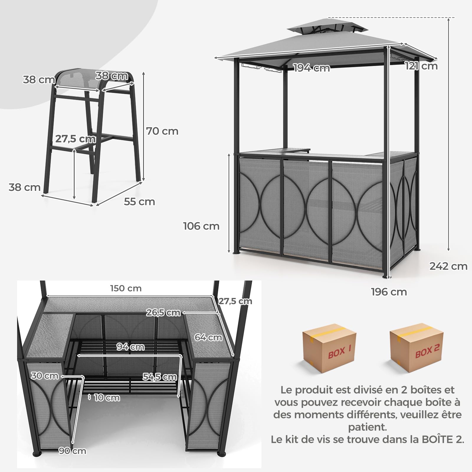 COSTWAY Tonnelle de Barbecue 3 Pcs avec 2 Tabourets de Bar, Abri avec Plateau en Verre Trempé Étagères en Métal Auvent à Double Toit, pour Jardin Cour, 194 x 121 x 242 cm (Gris)