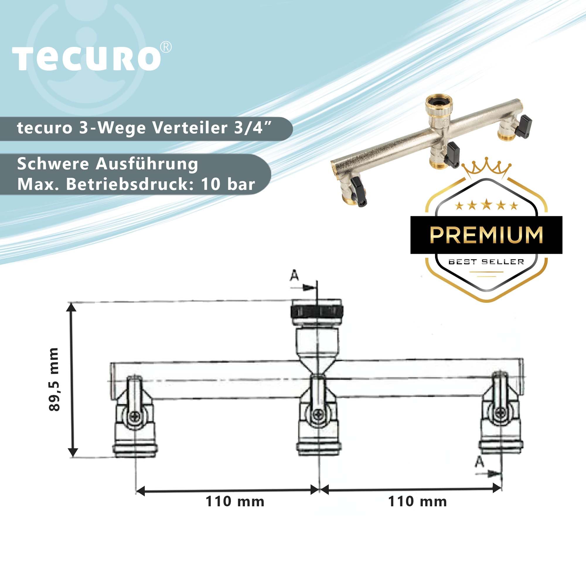 tecuro 3-Wege Verteiler 3/4 Zoll mit 3 x Kugelventil, für Zapfstelle, Messing vernickelt