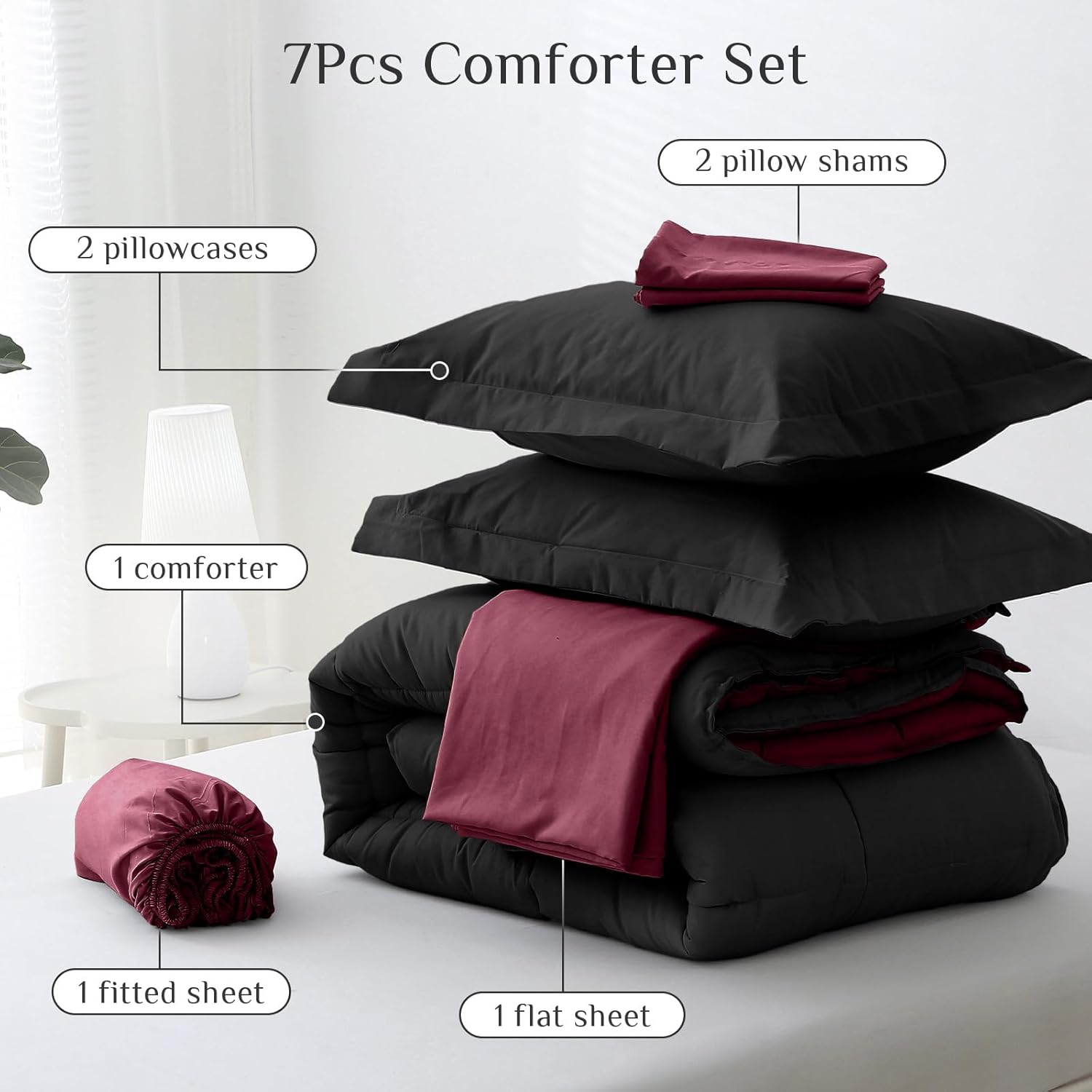 JOLLYVOGUE Queen Comforter Set, Ultra-Soft Bed in a Bag Queen Size 7 Pieces, Oeko-TEX Certified Bedding Set with Down Alternative Comforter, Sheets, Pillowcases & Shams, Burgundy & Black - Image 5