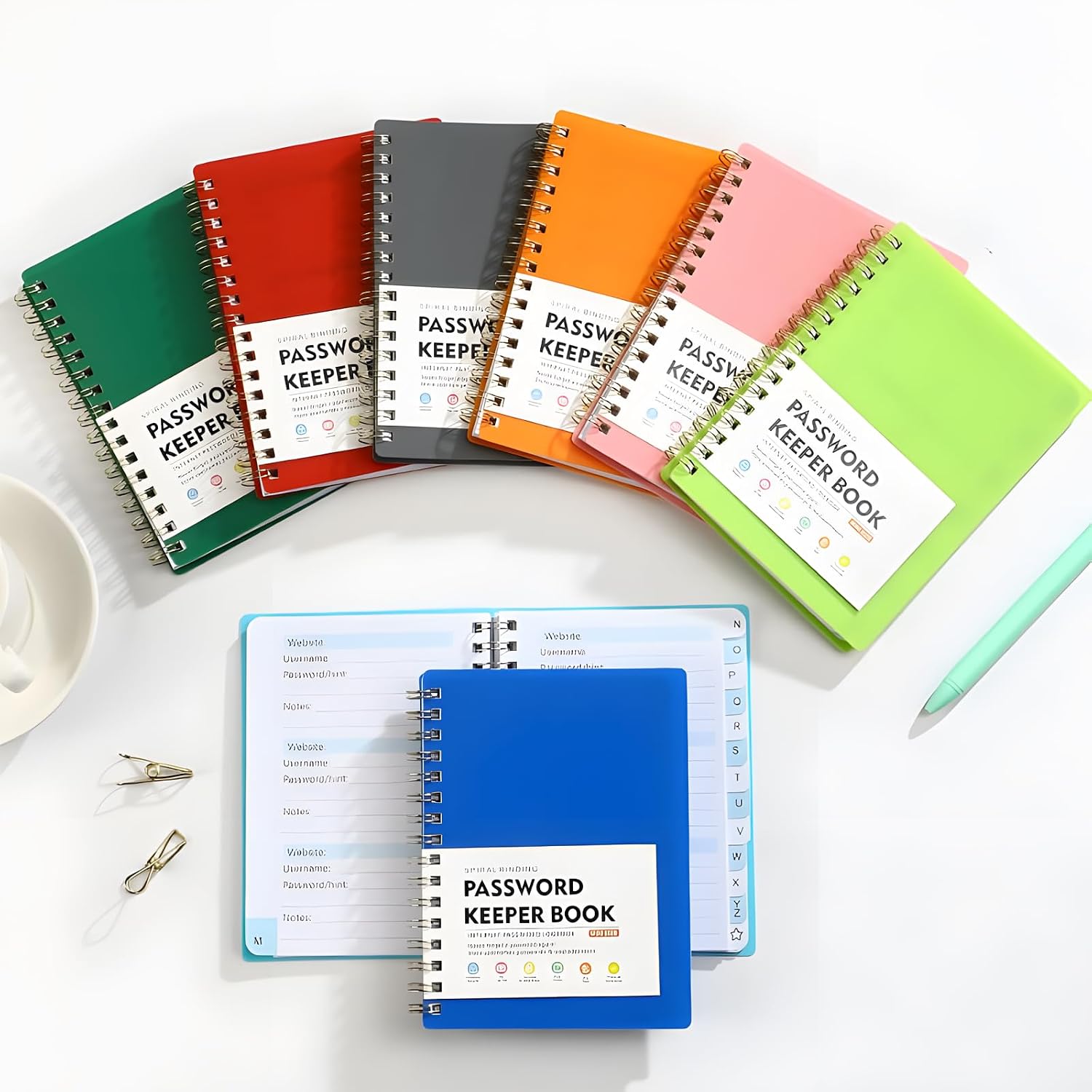 Mini Size Spiral Password Keeper Book, 5.7"x4.3" Password Book with Individual Alphabetical Tabs, Internet Address and Password Organizer, Password Logbook for Home Office (8 Pcs)