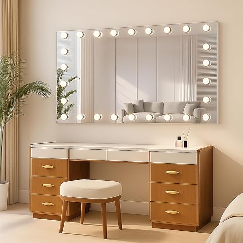 WTTY 60"x36" Hollywood Vanity Mirror with Lights, Wall-Mounted Makeup Mirror with 3 Color Temperatures, Stepless Dimmable Bulbs, Anti-Fog & Shatter-Proof