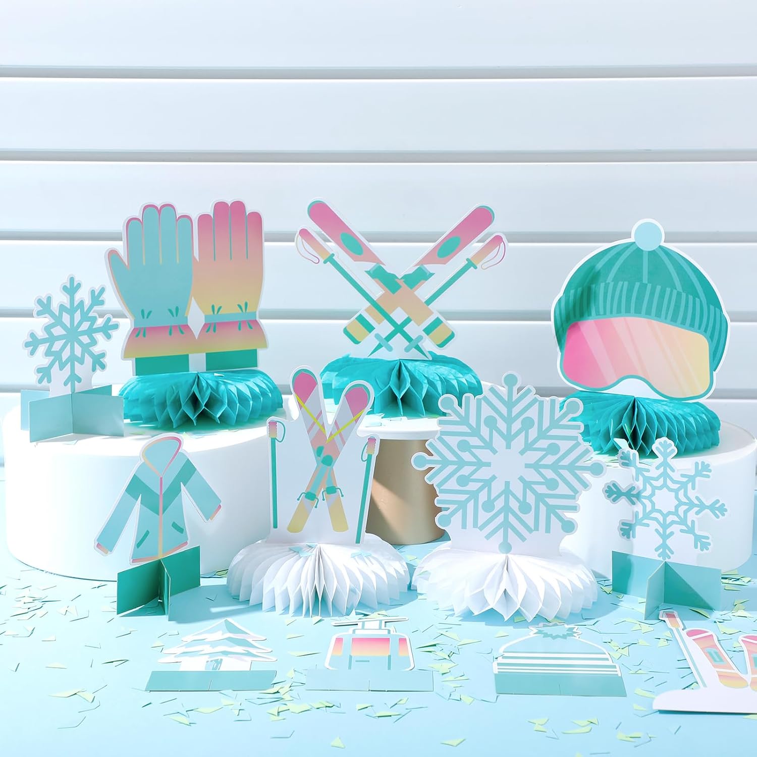 Poen 12 Pcs Skiing Birthday Decoration Honeycomb Centerpieces Ski Party Table Centerpieces for Baby Shower Winter Sports Theme Birthday Party Supplies(Skiing)