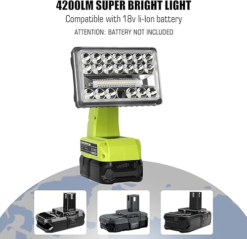 Miniatura 3 de Luz de 18 V compatible con batería Ryobi de 18 V, foco de 18 W 2000LM con puerto USB, cabezal giratorio de aleación de zinc de 110 grados, reflector