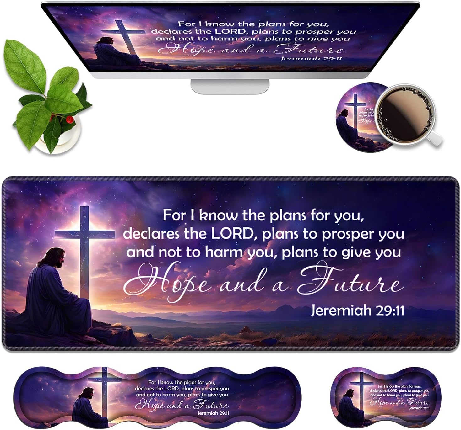 Ergonomic Memory Foam Mouse Pad Wrist Rest Set,Large Gaming Desk Pad + Keyboard Wrist Rest + Mouse Wrist Cushion + Coaster for Home Office Study Gaming,Christian Cross Quote Bible Verse Jeremiah 29:11