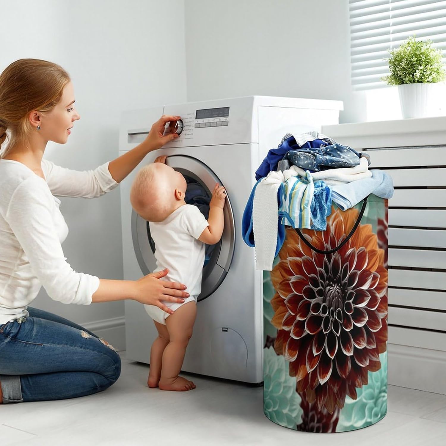 Dahlia Flower Laundry Hamper with Handles Waterproof Collapsible Laundry Basket Large Lightweight Round Dirty Clothes Hamper for Home Dorm Bathroom Decor