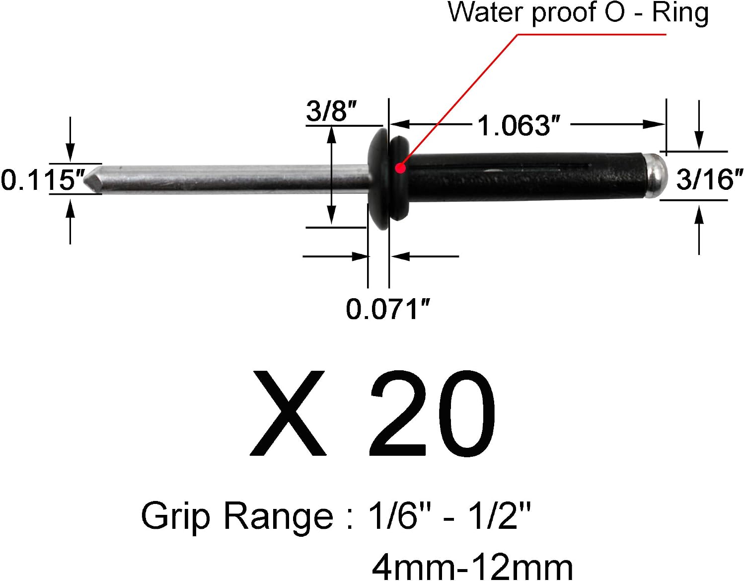 YYST 20 3/16" Deep Water Long Grip Tri-Grip Tri-Fold Tri Bulb Mounting Rivet - All Aluminum for Installing Kayak, Canoe and Boat Accessories