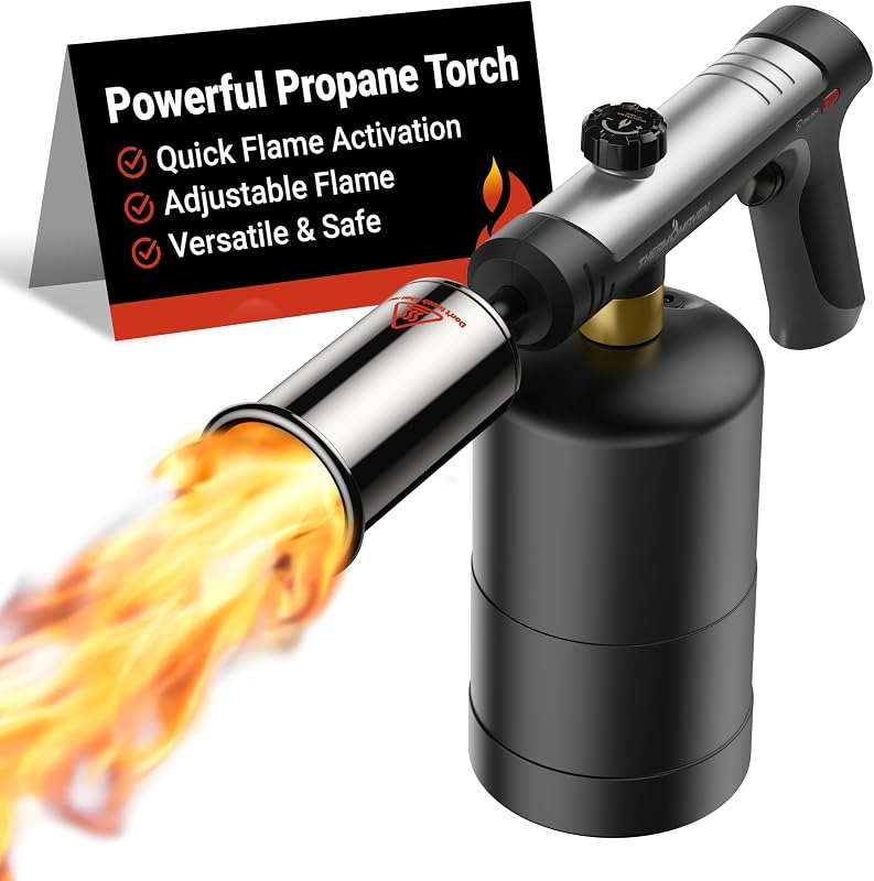 ThermoMaven Propane Torch Gun, One-Touch Max Fire Flame Thrower, Silver | Safety Lock, Adjustable Flame for Charcoal Lighting, Grilling, Sous Vide, BBQ, and Kitchen Food Searing (Tank Not Included)