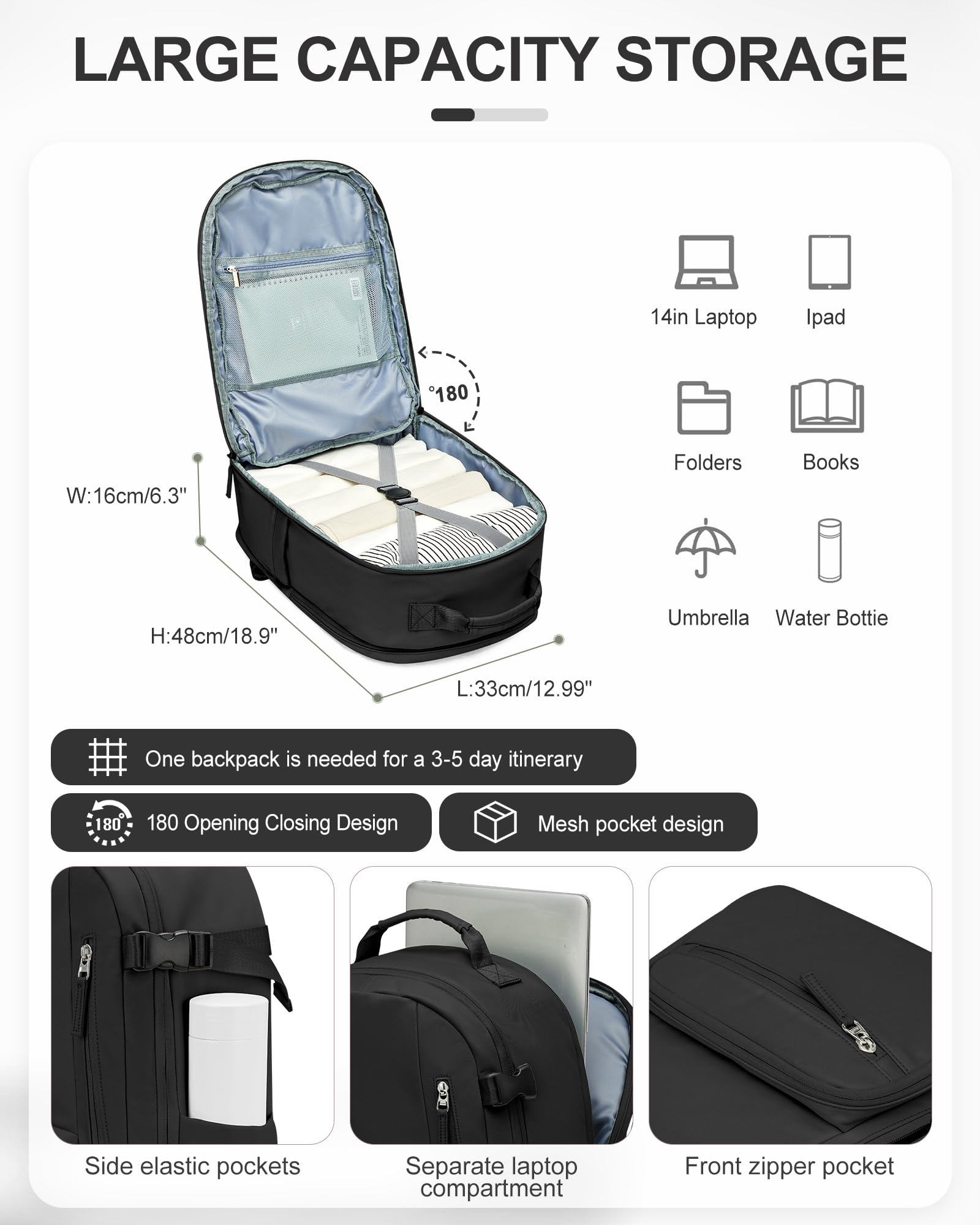 BJLFS Travel Backpack for Women Men, Carry On Backpack with USB Charging Port & Shoe Pouch, TSA 15.6inch, Flight Approved, College Nurse Bag Casual Laptop Daypack for Weekender Business Hiking,Black