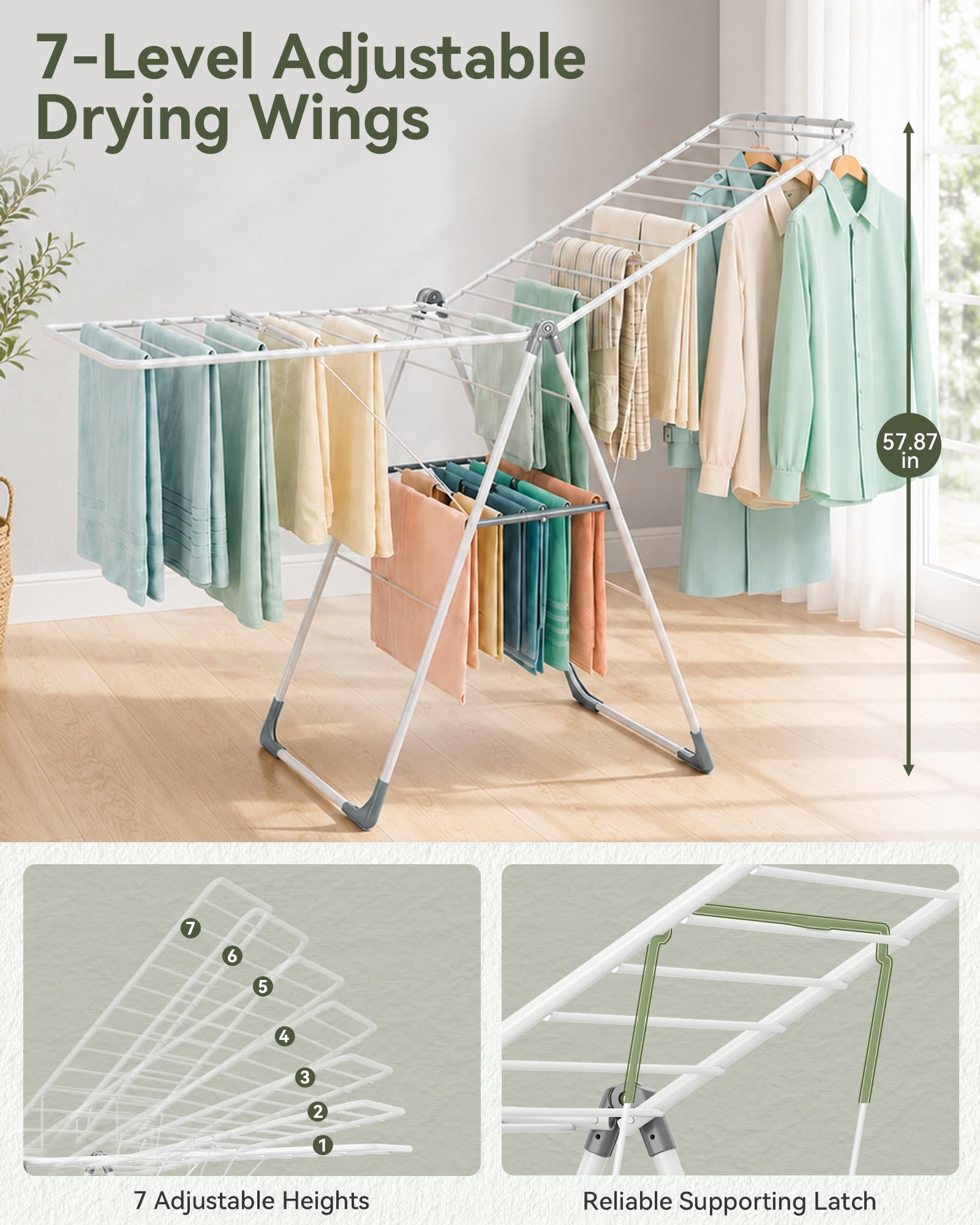 APEXCHASER Étendoir à linge pliable en métal robuste, réglable en hauteur, facile à plier et peu encombrant, pour intérieur et extérieur, blanc