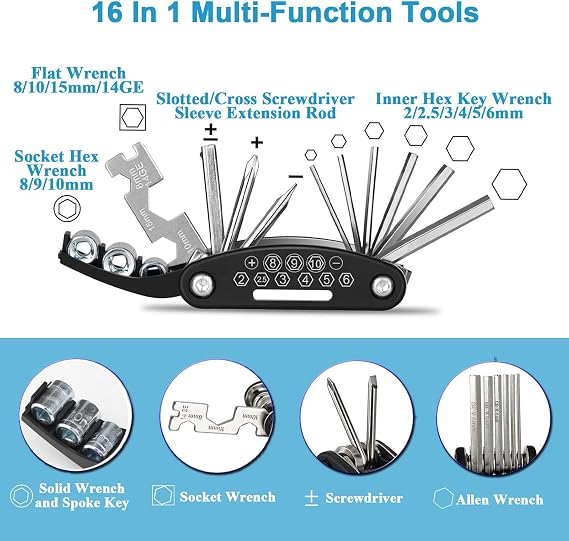 Kitbest Bike Repair Tool Kit, Bicycle Puncture Tire Patch Repair Tool Kit Contains 16-in-1 Bicycle Multi Tools, Portable Cycling Road Mountain Bike Accessories