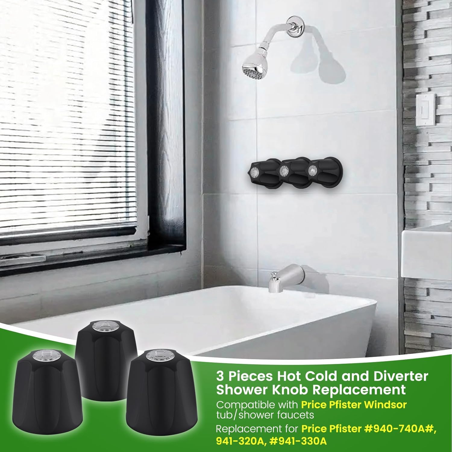 Shower Knobs 3 Piece Replacement Compatible with Price Pfister Windsor Tub and Shower Faucets,Shower Faucet Handle Replacement,3 Pieces Hot Cold and Diverter Shower Handles Replacement (Matte Black)