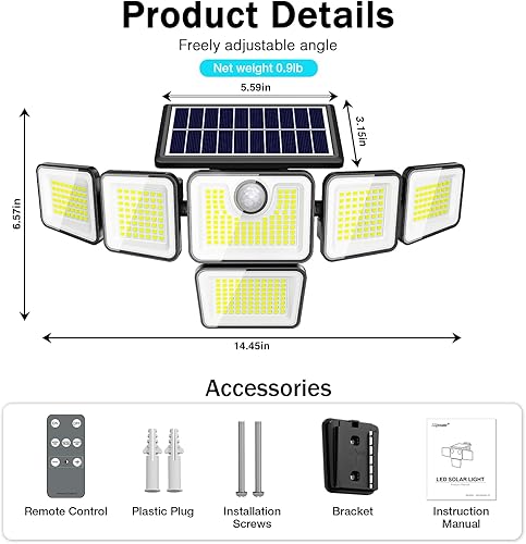Miniatura 3 de Luces solares de movimiento de 6 cabezales para exteriores, 3000 lúmenes, luces solares impermeables para exteriores con 401 LED, ángulo de haz de
