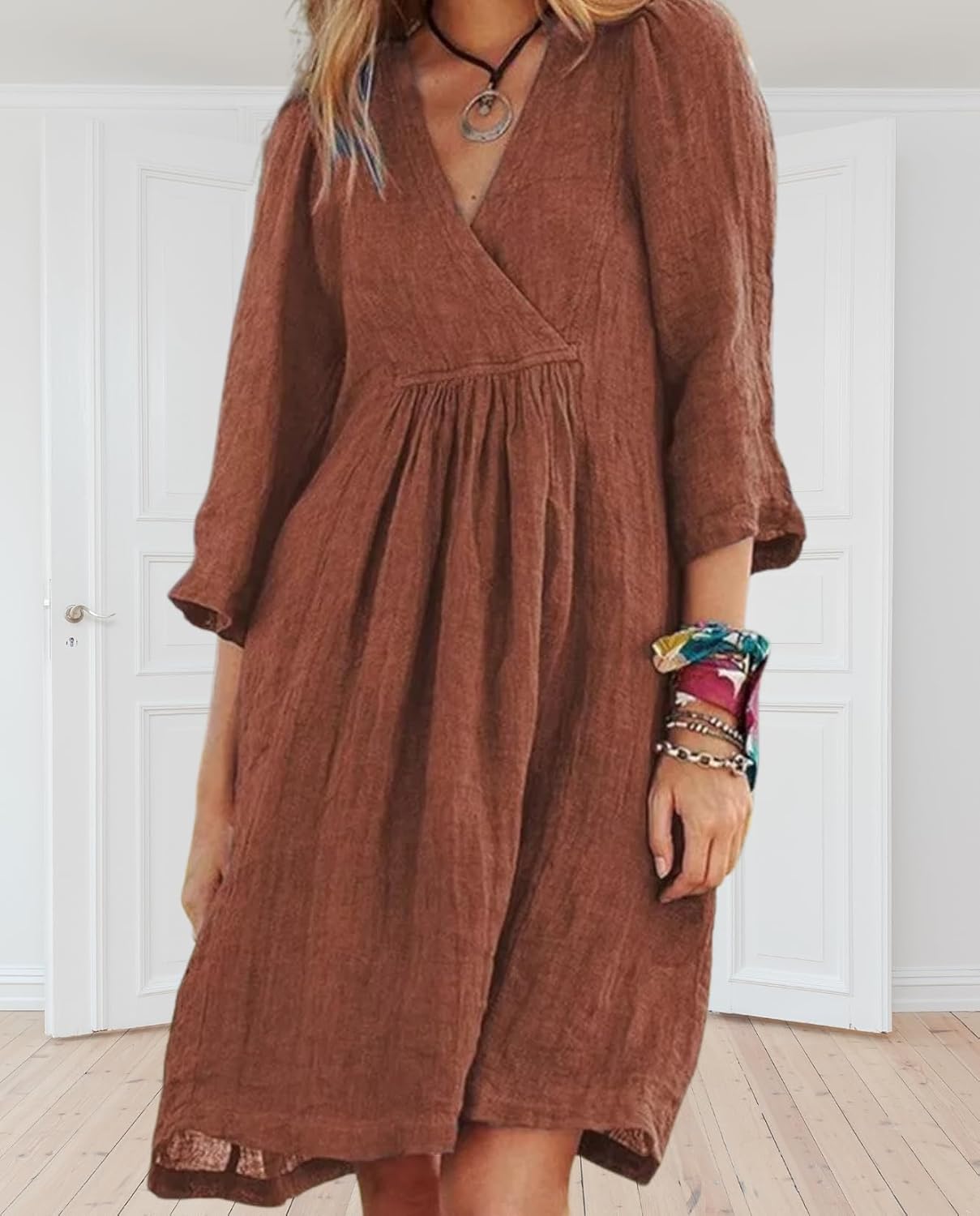 Women's Cotton Linen Midi Dress Soft V-Neck 3/4 Sleeve Casual Dresses for Summer Beach Vacations Everyday Wear - Image 2