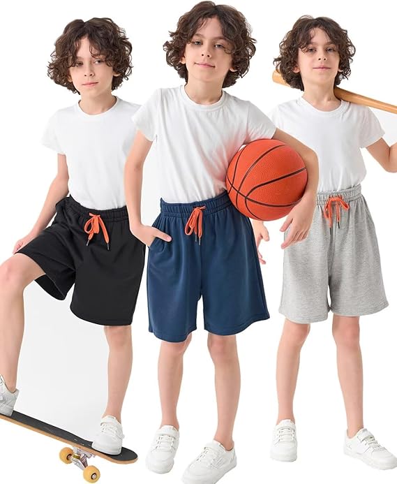 Boys Shorts Kids Summer Shorts 3-Pack Children Sweat Short Jogger Bottoms Outfits with Pocket and Drawstring Size 4-14 Years