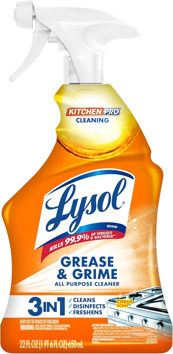 Lysol Pro Limpiador y desengrasante en aerosol para cocina, spray de limpieza antibacteriano multiuso para cocinas, encimeras, hornos y electrodomésticos, aroma cítrico, 22 oz