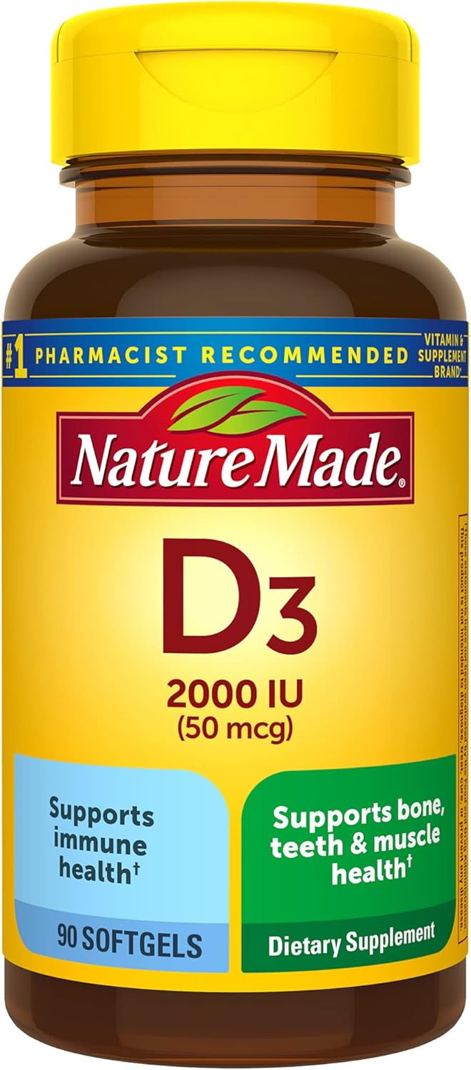 Nature Made Vitamin D3, 90 Softgels, Vitamin D 2000 IU (50 mcg) Helps Support Immune Health, Strong Bones and Teeth, & Muscle Function, 250% of the Daily Value for Vitamin D in One Daily Softgel : Health & Household