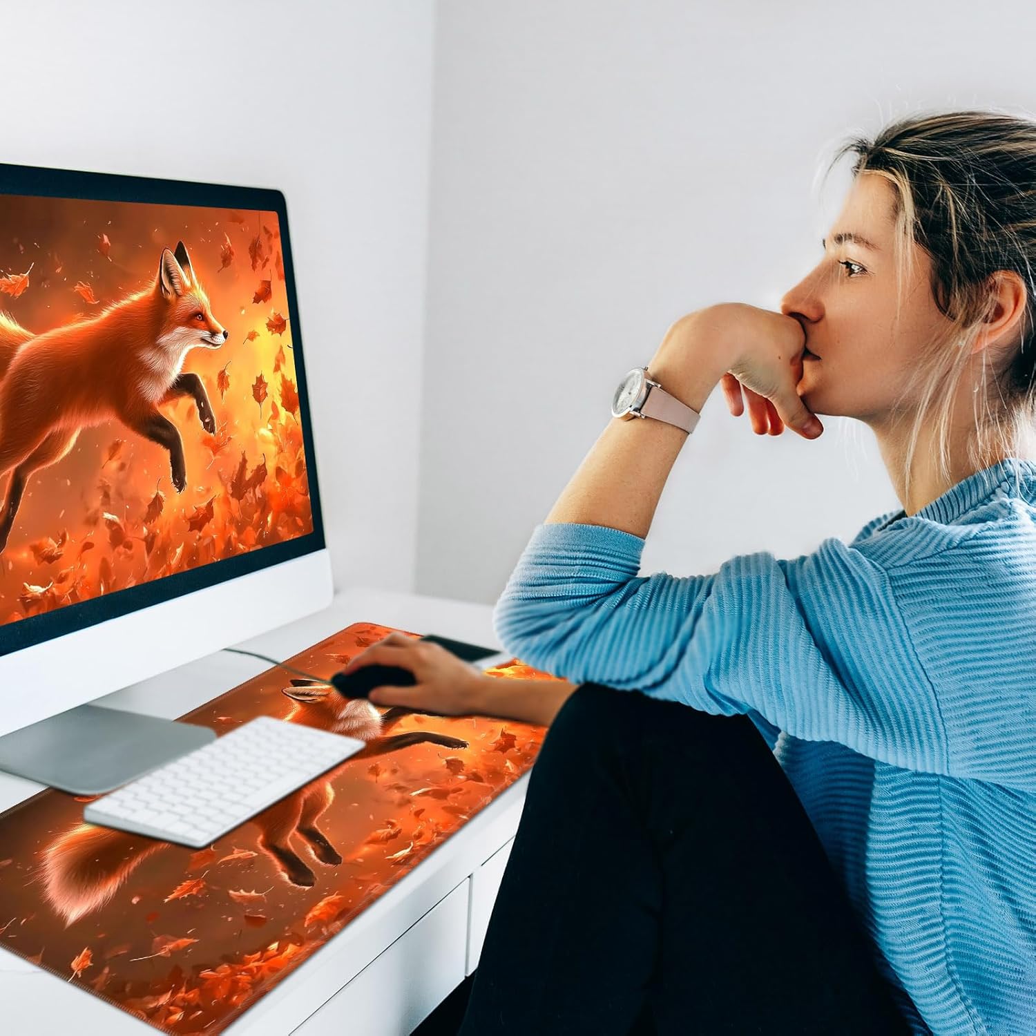 Warm Desk Pad,Heated Desk Pad,Office Mat,3 Heating Levels & 3 Hours Auto Shut-Off,31.5"*13" Gaming Mouse Laptop Keyboard Leather Desk Mat,Cute Red Fox Forest