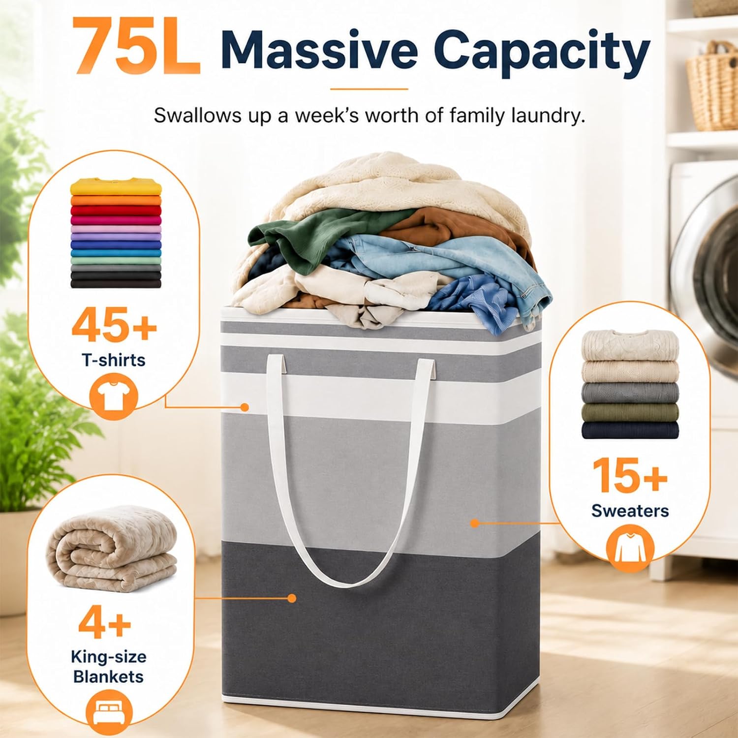6Pack 75L Laundry Basket, Waterproof Collapsible Laundry Hamper, Tall Clothes Basket Organizer with Handles for Laundry Room Bedroom Bathroom Storage (Blue Gray)