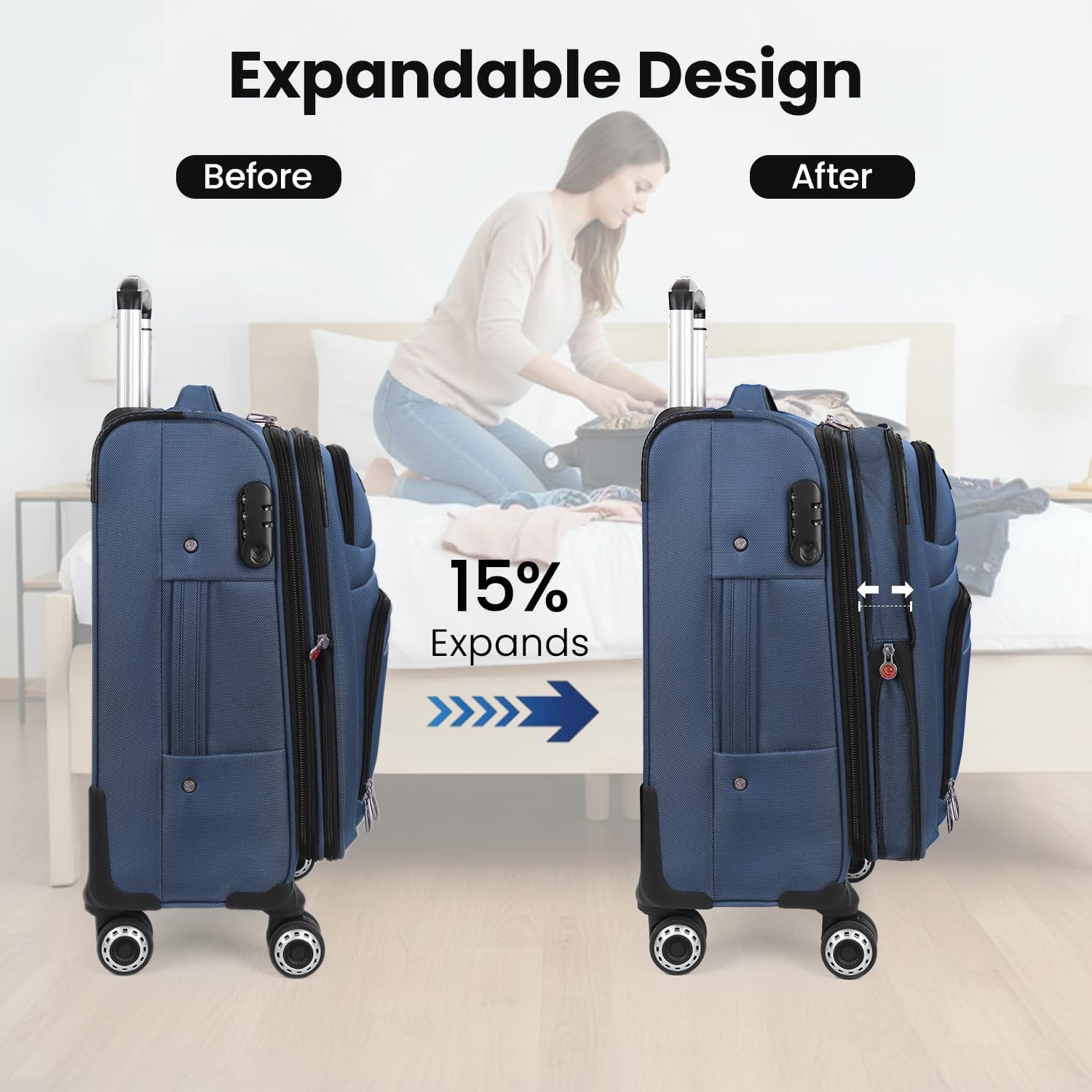 26" Luggage Softside Expandable 15% Checked Luggage with Double Spinner Wheels Combination LOCK,Lightweight Travel Suitcase for Men/Women（Blue,26in）