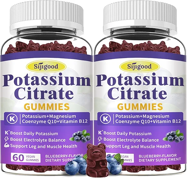 2 Pack Potassium Citrate Gummies, Potassium Supplement for Muscle Health, Leg Cramp Relief & Electrolyte Balance, Vegan, Non-GMO, Gluten-Free, Blueberry Flavor, 120 Count