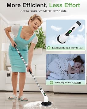 Electric Spin Scrubber, Cordless Cleaning Brush, Shower Scrubber with 8 Brush Heads 2H Power Dual Speed, Adjustable Extension Handle, IPX7 Waterproof for Tub Tile Car Floor Polishers, PA-25.