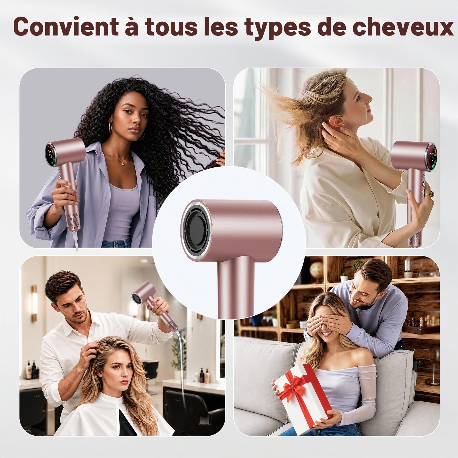 Sèche-cheveux ionique professionnel 160 000 tr/min, Séchage 5X Plus Rapide, 500 Millions d'Ions Négatifs Anti-Frisottis, Silencieux 56 dB, Écran LED, Diffuseur pour Cheveux Bouclés