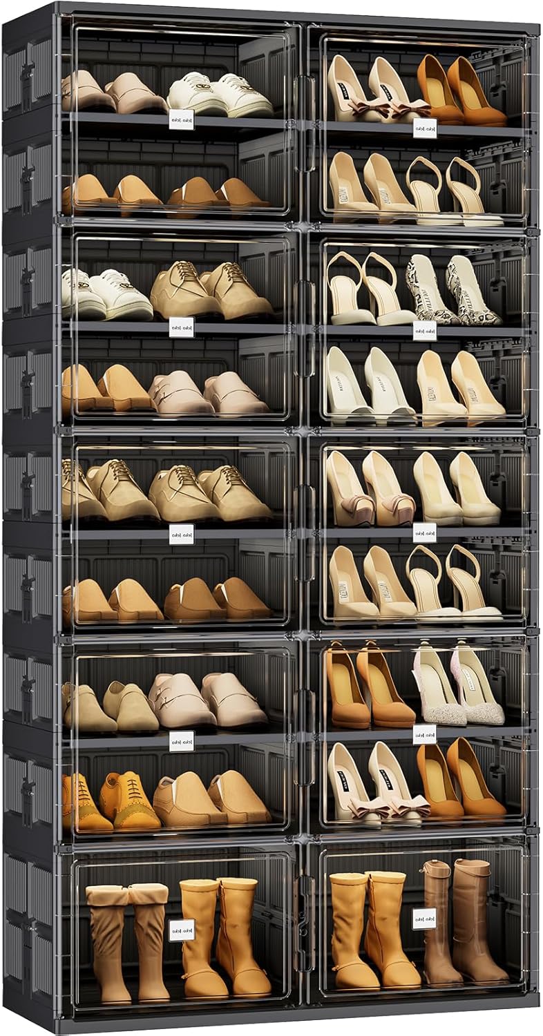 JEKO&JEKO 9-Tier Foldable Shoe Storage Cabinet with Magnetic Doors, Large Stackable Shoe Organizer Cabinet for Entryway, Clear Front Door Shoe Boxes Hold Up to 36 Pairs (Black)