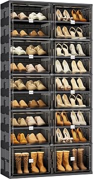 JEKO&JEKO 9-Tier Foldable Shoe Storage Cabinet with Magnetic Doors, Large Stackable Shoe Organizer Cabinet for Entryway, Clear Front Door Shoe Boxes Hold Up to 36 Pairs Black