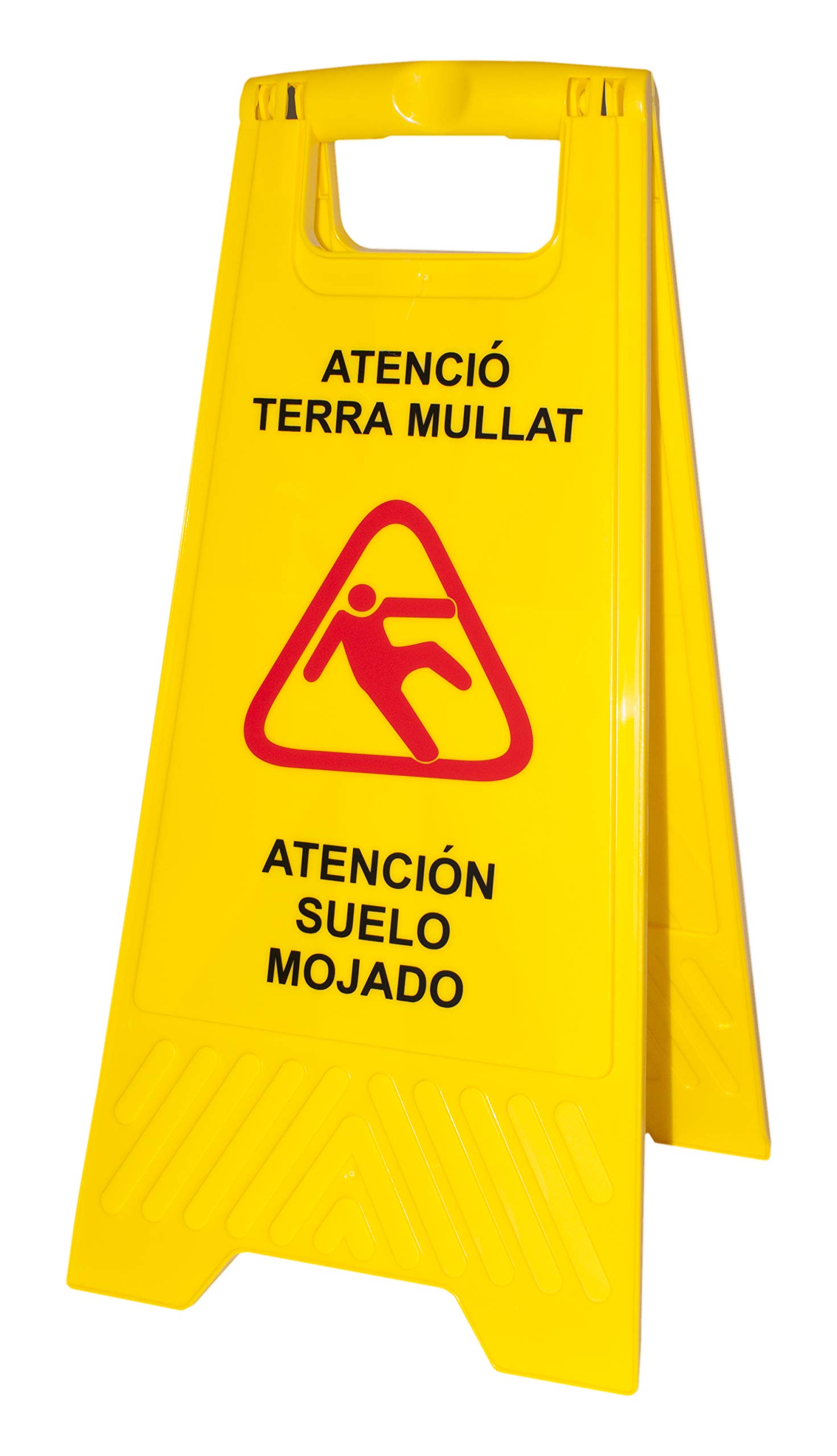 PAMEXNotice sign "Terra Fluffy - Wet floor attention" in Català and Spanish. High visibility to avoid accidents